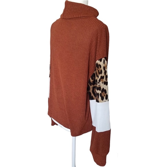 Rolled Neck Leopard Print Long Sleeve Panel Color Block Sweater Turtleneck - Picture 6 of 10